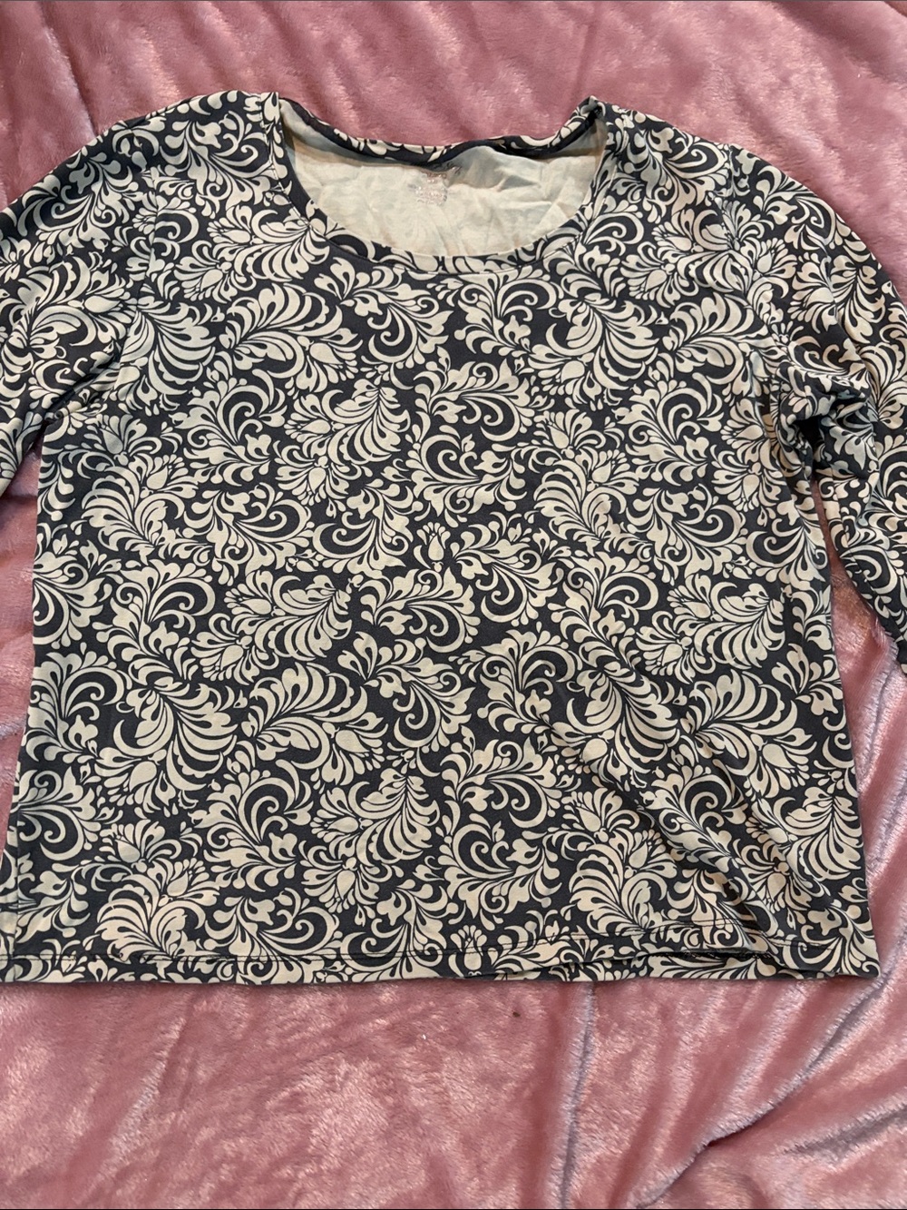 White Stag Navy and Cream Floral Scroll Long-Sleeve Top
